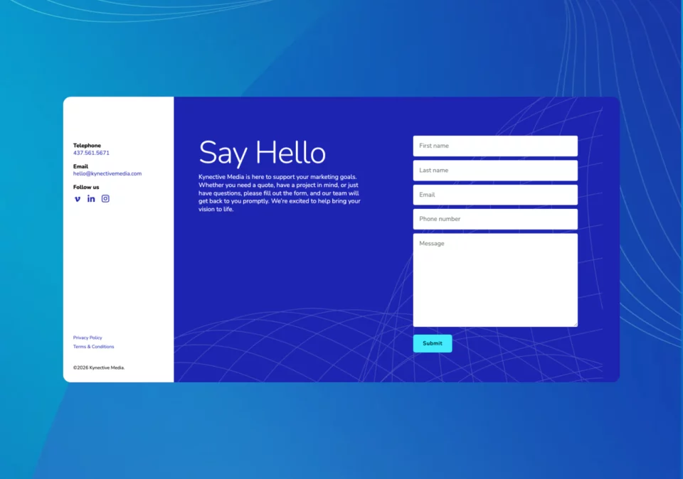 The Say Hello contact section: phone, email and social links beside a contact form on a patterned blue panel.