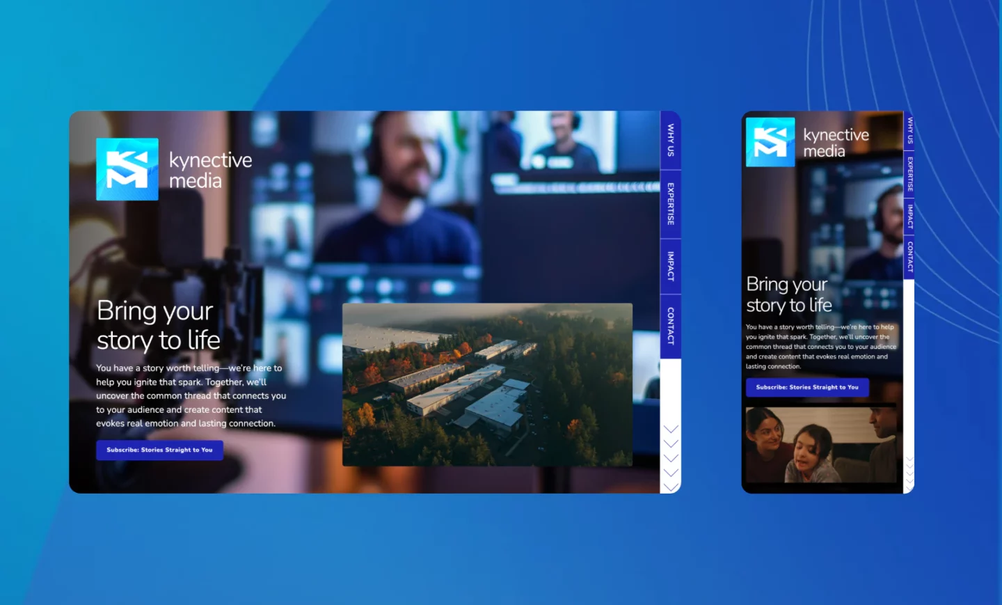 The Kynective Media homepage on desktop and mobile: Bring your story to life over a podcast studio, with a side menu for Why us, Expertise, Impact and Contact.