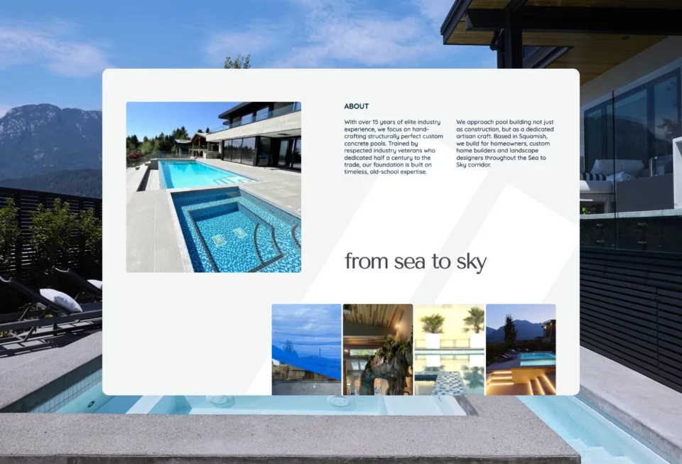 The About section, headed from sea to sky, pairing two columns of text with a pool photograph and a strip of four project thumbnails.