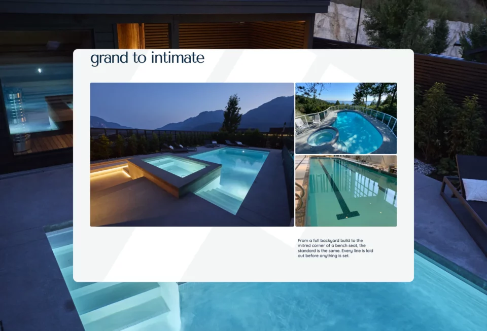 The grand to intimate gallery: a lit pool and spa at dusk beside two smaller pool photographs.