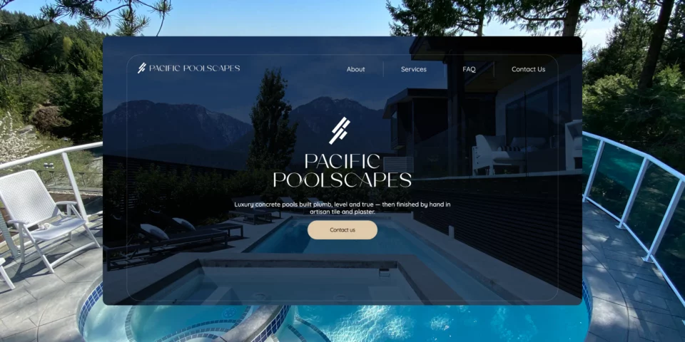 The Pacific Poolscapes homepage: the logo and the line Luxury concrete pools built plumb, level and true over a twilight pool, with a Contact us button.
