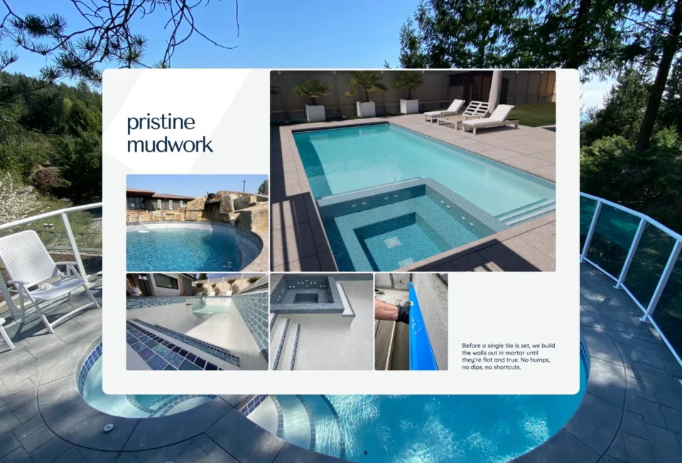 The pristine mudwork section, a collage of finished pools and tile work in progress with a short note on building the walls flat and true.
