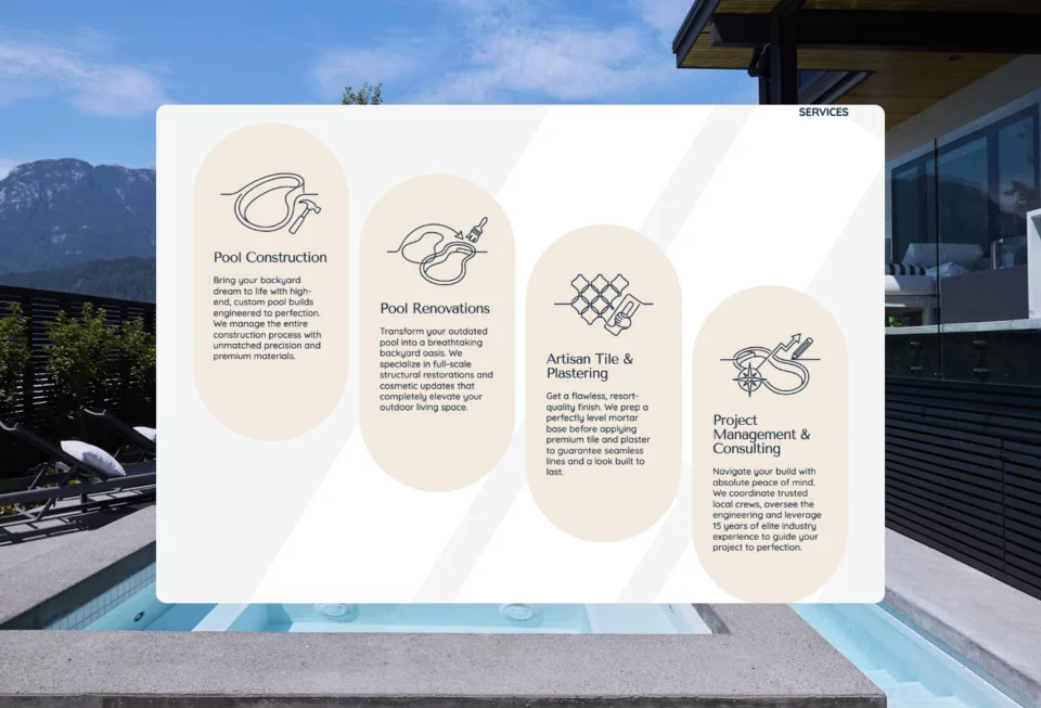 Four services in tall rounded cards with line illustrations: pool construction, pool renovations, artisan tile and plastering, and project management.