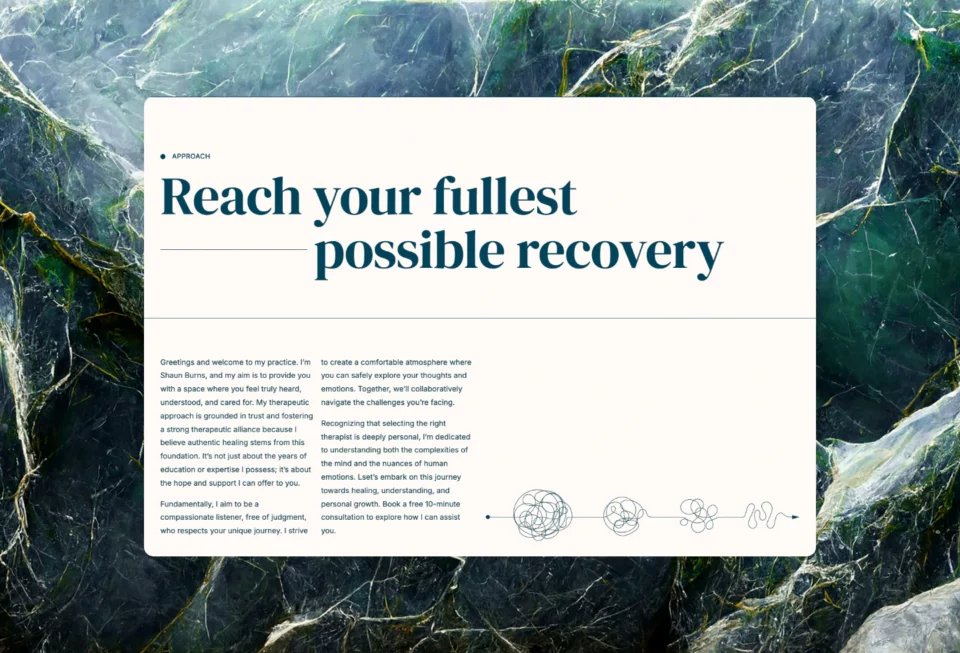 The Approach section, headed Reach your fullest possible recovery, with two columns of text and a line drawing that untangles as it runs right.