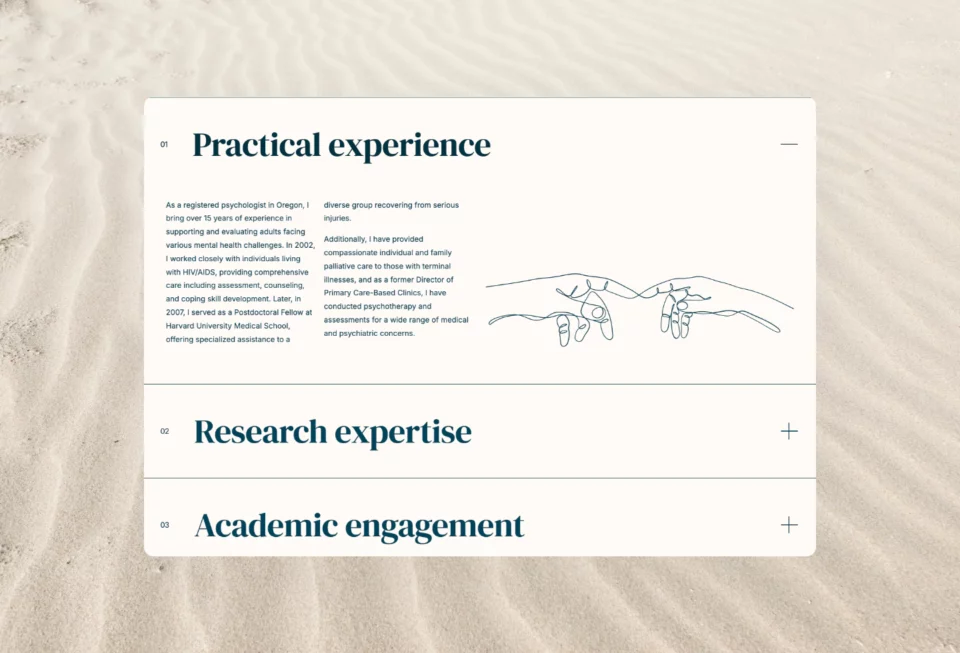 The numbered credentials accordion, open on Practical experience, with Research expertise and Academic engagement closed below.