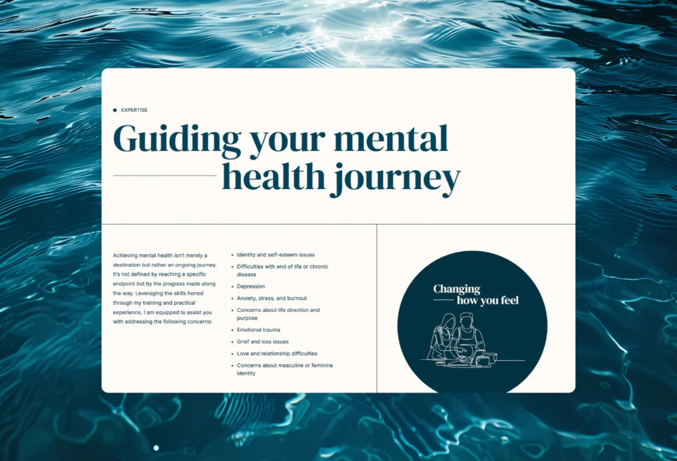 The Expertise section, listing the concerns he treats beside a circular Changing how you feel illustration.