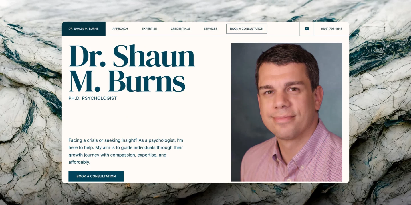 The homepage hero: Dr. Shaun M. Burns, Ph.D. psychologist, with a short introduction, a Book a consultation button and his portrait.